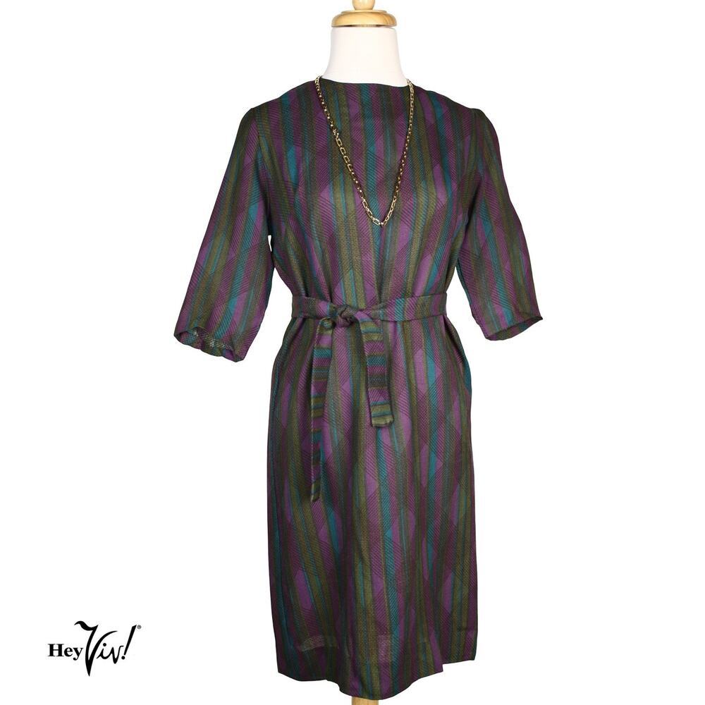 Vintage 80s Jewel Tone Stripe Midi Dress Belted Purple Teal Green Sz L - Hey Viv